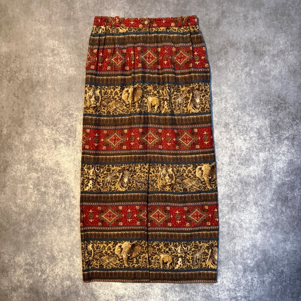 Vintage Sharon Young Sportswear Safari Animal Print Maxi Skirt Rayon Linen Sz 12 - Picture 2 of 7